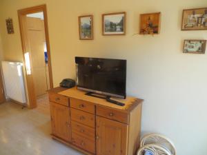 telewizor na drewnianej komodzie w pokoju w obiekcie Ferienwohnung Teubner w mieście Bockau