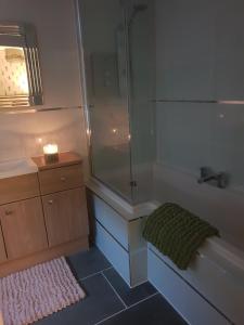 a bathroom with a shower and a tub and a rug at Goshens Farm B&B in Wootton