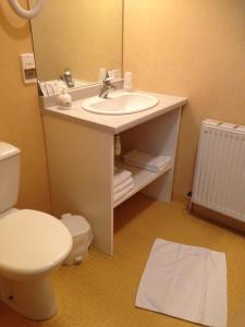 a bathroom with a sink and a toilet and a mirror at HOTEL DU JURA in Louhans