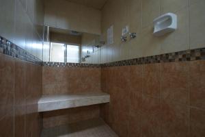 a bathroom with a shower with a bench and a mirror at Hotel Azucena in Huamantla