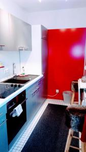 a kitchen with a red wall and a sink at Apartment Blue Regensburg in Regensburg