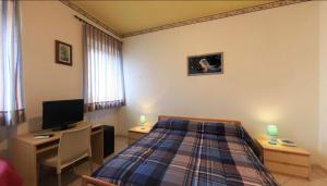 Schlafzimmer mit einem Bett, einem Schreibtisch und einem TV in der Unterkunft Il Castagno in Orciano di Pesaro