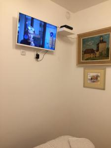 a flat screen tv hanging on a wall at VERY CLOSE Studio Apartment in Zagreb