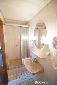 uma casa de banho com um lavatório, um chuveiro e um espelho. em Hotel Goldenes Schiff em Grimma