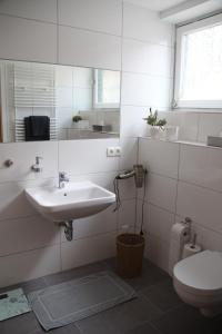 a white bathroom with a sink and a toilet at Wiedhöhen Ferienwohnung in Roßbach