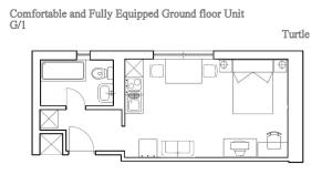 un dessin d'un plan de sol pour un petit appartement dans l'établissement Ark Beach Apartments, à Split