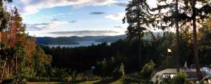 a view of a lake from a hill with trees at Rae Leigh Heights BnB in Saanichton