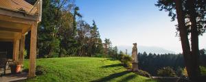 a house with a grassy yard with a statue on it at Rae Leigh Heights BnB in Saanichton