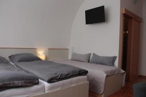 a bedroom with two beds and a television on the wall at Penzion u Pidly in Mariánské Lázně