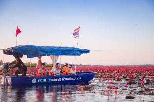 a group of people on a boat in a field of red flowers at UdonBackpackers Beds and Cafe in Udon Thani