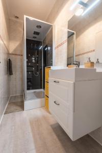 y baño con lavabo blanco y ducha. en Appartement cœur de ville - Wifi - Lave-sèche linge, en Pau