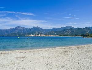 a beach with blue water and mountains in the background at Résidence Suarella in Saint-Florent