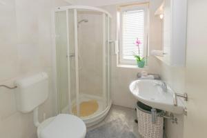 a bathroom with a shower and a toilet and a sink at Apartment IRENA with Bikes included in Pula