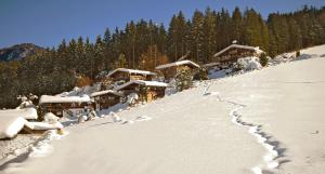 una montaña cubierta de nieve con un lodge de esquí en Ferienhäuser Reither Almen, en Reith im Alpbachtal