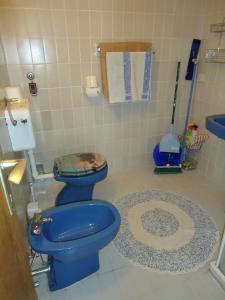 a bathroom with a blue toilet and a rug at Studio Apartment Carli in Savudrija