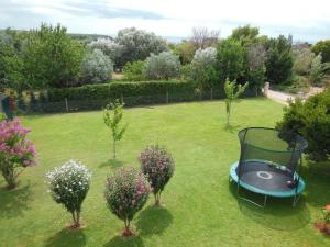 a garden with a grill in the grass with flowering trees at Anita's Terrace Apartment in Zambratija