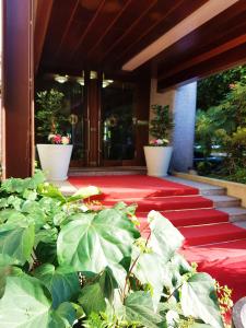 a set of red carpeted steps to a building with plants at Venice Michelangelo Hotel in Mestre