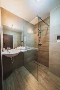La salle de bains est pourvue d'un lavabo et d'une douche en verre. dans l'établissement Hotel DADA Termal, à Călimăneşti