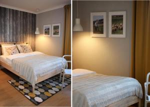 twee foto's van een slaapkamer met een bed bij Apartament Studio 208 in Biała Podlaska