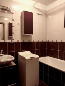 ペーチにあるÁrnyas Ligetのバスルーム(トイレ、洗面台、バスタブ付)