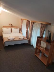 una camera d'albergo con un letto e una televisione di Bucharest Downtown Inn a Bucarest