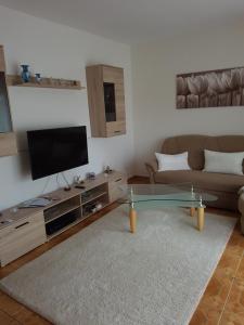 sala de estar con sofá y TV en Ferienwohnung Regina, en Müllrose