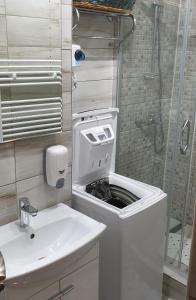 een badkamer met toilet, wastafel en douche bij Garsoniera 1 decembrie in Alba Iulia