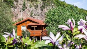 a small wooden house in front of a mountain at Eden in Sędziszowa