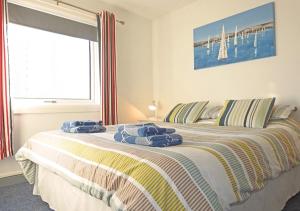 a bedroom with a bed with blue pillows and a window at Harbour View 4 in Gosport