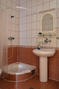 La salle de bains est pourvue d'une baignoire, d'un lavabo et d'une baignoire. dans l'établissement Sobe Gajić Sremski Karlovci, à Sremski Karlovci