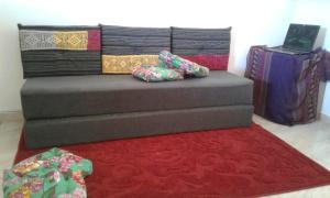 eine Couch mit Kissen auf einem roten Teppich in der Unterkunft LA DORITA in Búzios