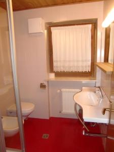 a bathroom with a white toilet and a sink at Residence Texel in Pfelders