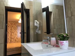 uma casa de banho com um lavatório e um espelho em Upstairs Residence em Târgu Jiu