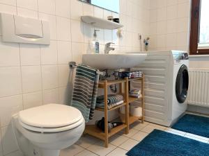 ein Badezimmer mit Toilette, Waschbecken und Waschmaschine in der Unterkunft Hinterhaus Apartment No1 in Leipzig