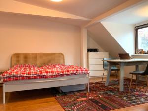 ライプツィヒにあるHinterhaus Apartment No1のベッドルーム1室(ベッド1台、ノートパソコン付きのデスク付)
