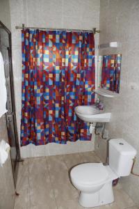 a bathroom with a toilet and a shower curtain at Amazing Grace Residence in Cotonou +29 photos