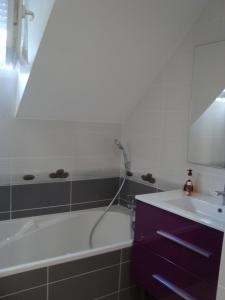 uma casa de banho com uma banheira, um lavatório e um espelho. em Les coquelicots em Luz-Saint-Sauveur