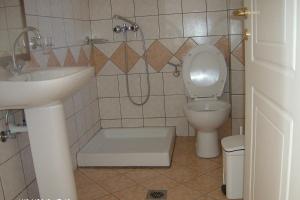 a small bathroom with a toilet and a sink at Studios Nikolaou Bros in Parga