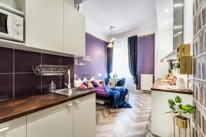 ブダペストにあるThe purple - studio apartment in the centre of Budapestのキッチン、リビングルーム(ベッド1台付)