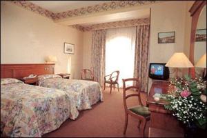 
a hotel room with two beds and a television at Hotel Garden in Garda
