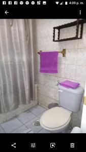 łazienka z toaletą i fioletowym ręcznikiem w obiekcie DEPARTAMENTOS CLIMENT w mieście Osorno