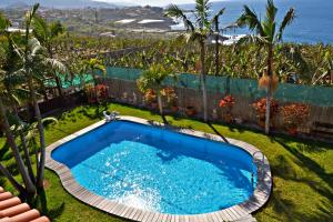 einen Pool in einem Garten mit Meer im Hintergrund in der Unterkunft Casa Victor in La Orotava
