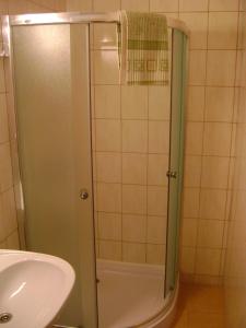 a shower with a glass door next to a sink at Hostel Promyk in Iwonicz-Zdrój