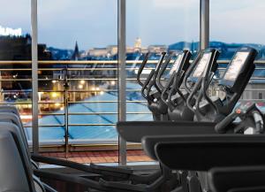 a row of treadmills in a gym with a view at Crowne Plaza Budapest by IHG in Budapest