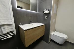 La salle de bains est pourvue d'un lavabo et de toilettes. dans l'établissement In Situ Hotel, à Valenciennes