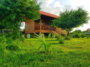 a wooden house with a deck in the grass at Kirinda Beach Front Hotel in Kirinda