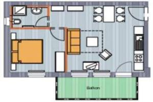 uma planta do chão de uma pequena casa com em Haus Clara Wohnung 06 em Ostseebad Koserow