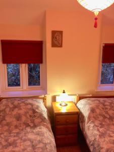 a bedroom with two beds and a table with a lamp at Coniston Cottage Lake View in Coniston