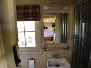 a bathroom with a sink and a mirror at The Rowan Shepherds Hut in Eyemouth