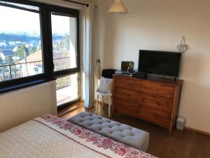 a bedroom with a bed and a tv and a window at Dom na Bravacove in Beňuš